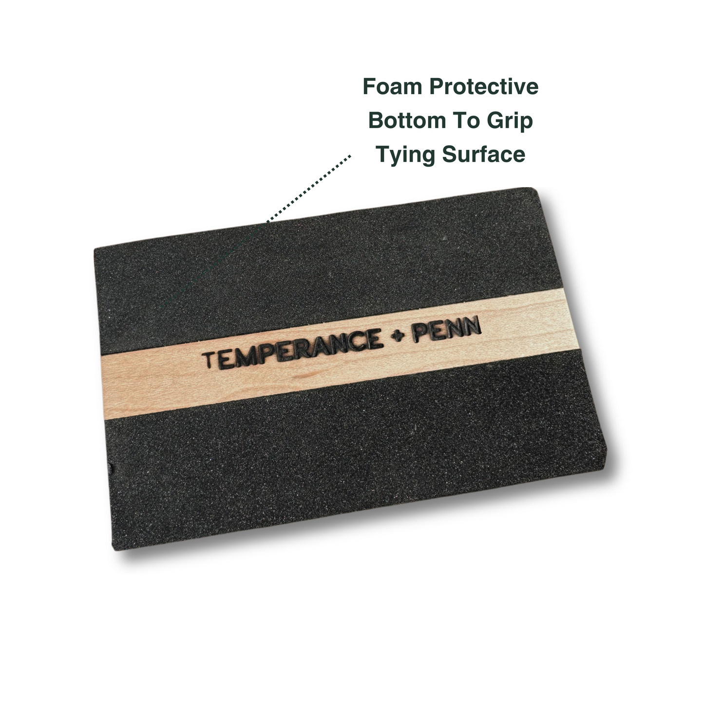 Clark's Dubbing Block by Temperance & Penn, a handcrafted wooden block with precise grooves for tying flies, made from reclaimed wood and designed for fly fishing enthusiasts. neoprene foam bottom for grip and to protect your work area.
