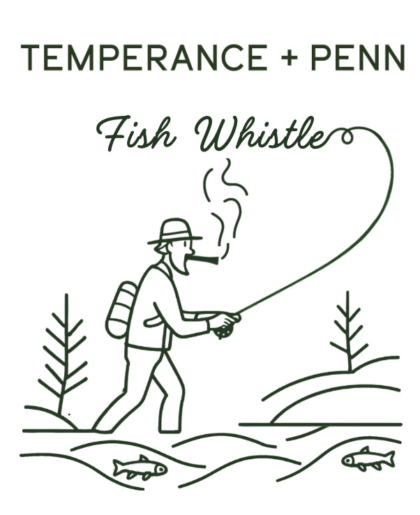 Minimalist line art illustration of a fly fisherman wading in a river, smoking a Penn One-Note Fish Whistle. The angler casts a line with smoke curling from the pipe, surrounded by fish, pine trees, and rolling water. Branded with ‘Temperance + Penn’ and ‘Fish Whistle,’ this artwork nods to fly fishing tradition, the 420 lifestyle, and the perfect riverside session.