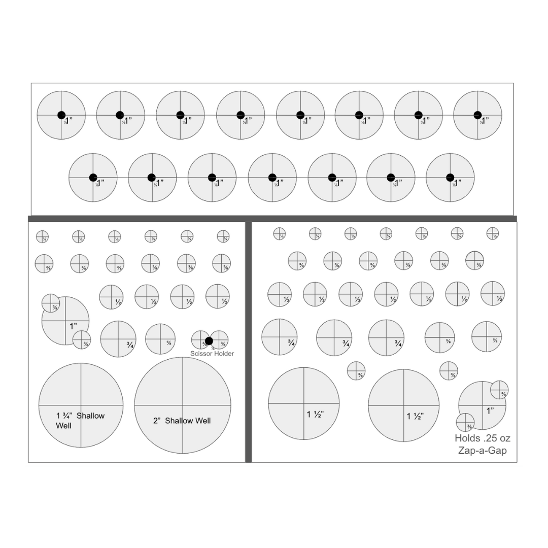 "Precision hole layout design for the Temperance & Penn fly tying tool caddy, featuring various hole sizes (1.5-inch, 1-inch, ¾-inch, ½-inch, and ⅜-inch) to securely hold fly tying tools, spools, bobbins, and accessories. Optimized for efficient tool organization and accessibility in a handcrafted fly tying workstation. with a specific piece to hold up to 30 spools of thread